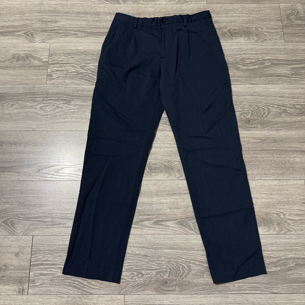Zara Men Wool Blend Straight Navy Blue Business 2-Pockets Pleaded Pants 31x31 in